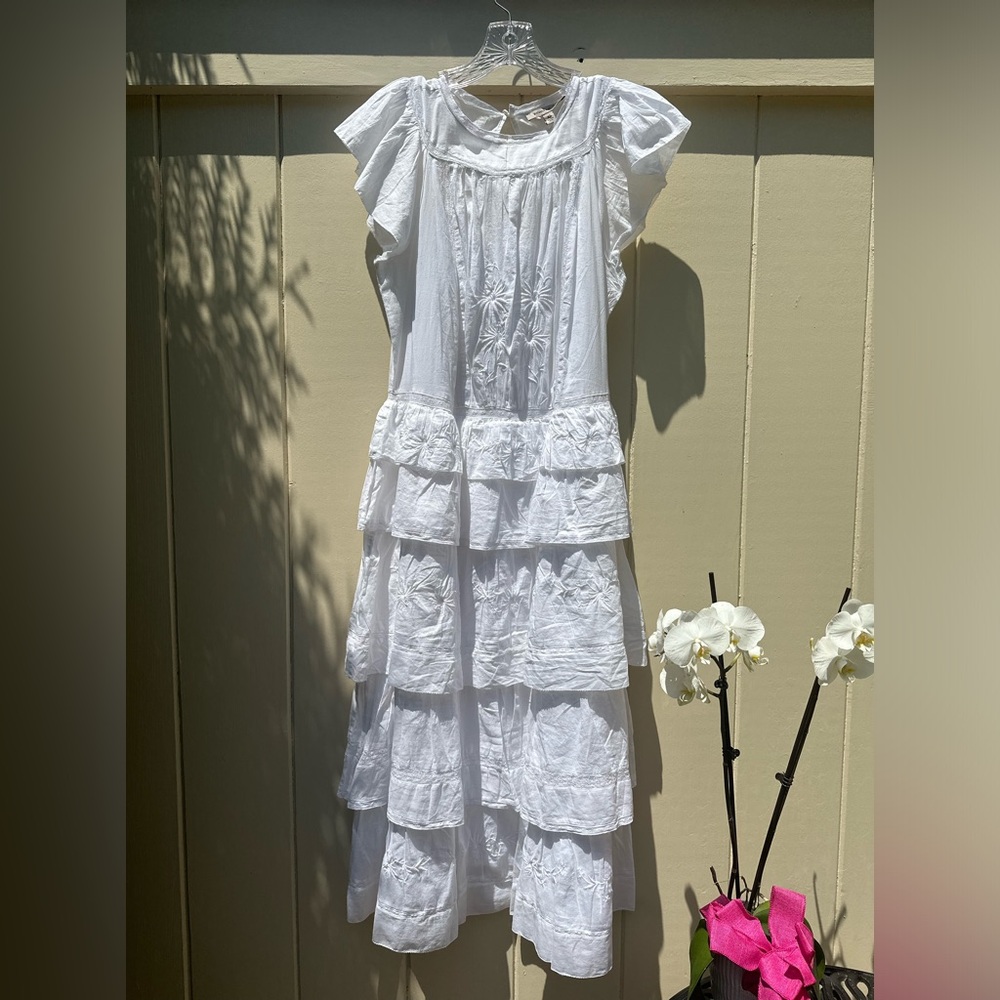 NWT, white relaxed fit midi dress. Ruffles & embroidered details